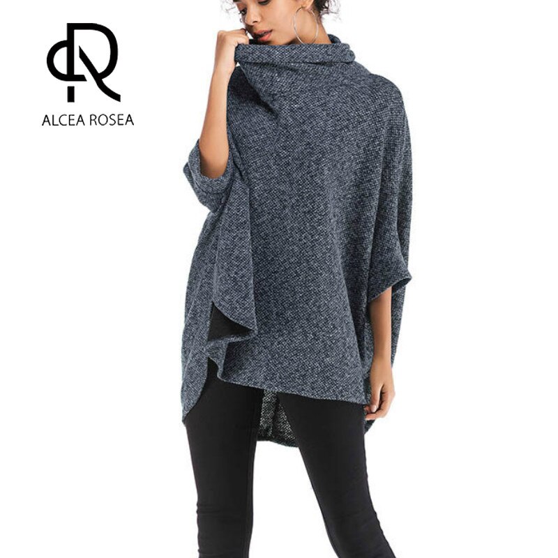 Alcea Rosea Solid Color High Collar Irregular Stitching Cloak Jacket Bat Sleeve Knit Sweater AR2236
